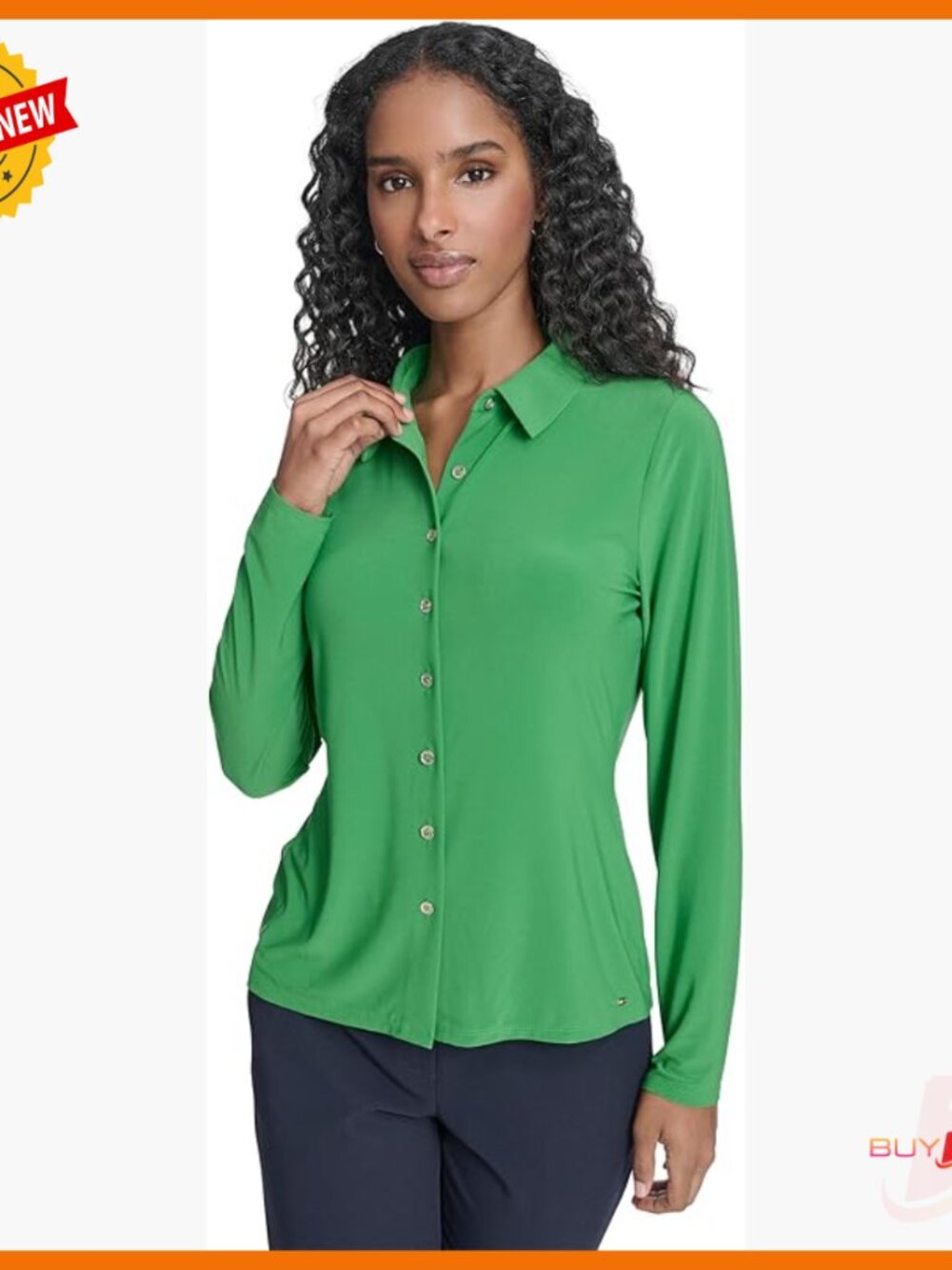 Long Sleeve Button Up Knit Top Collared Regular Fit Work Wear